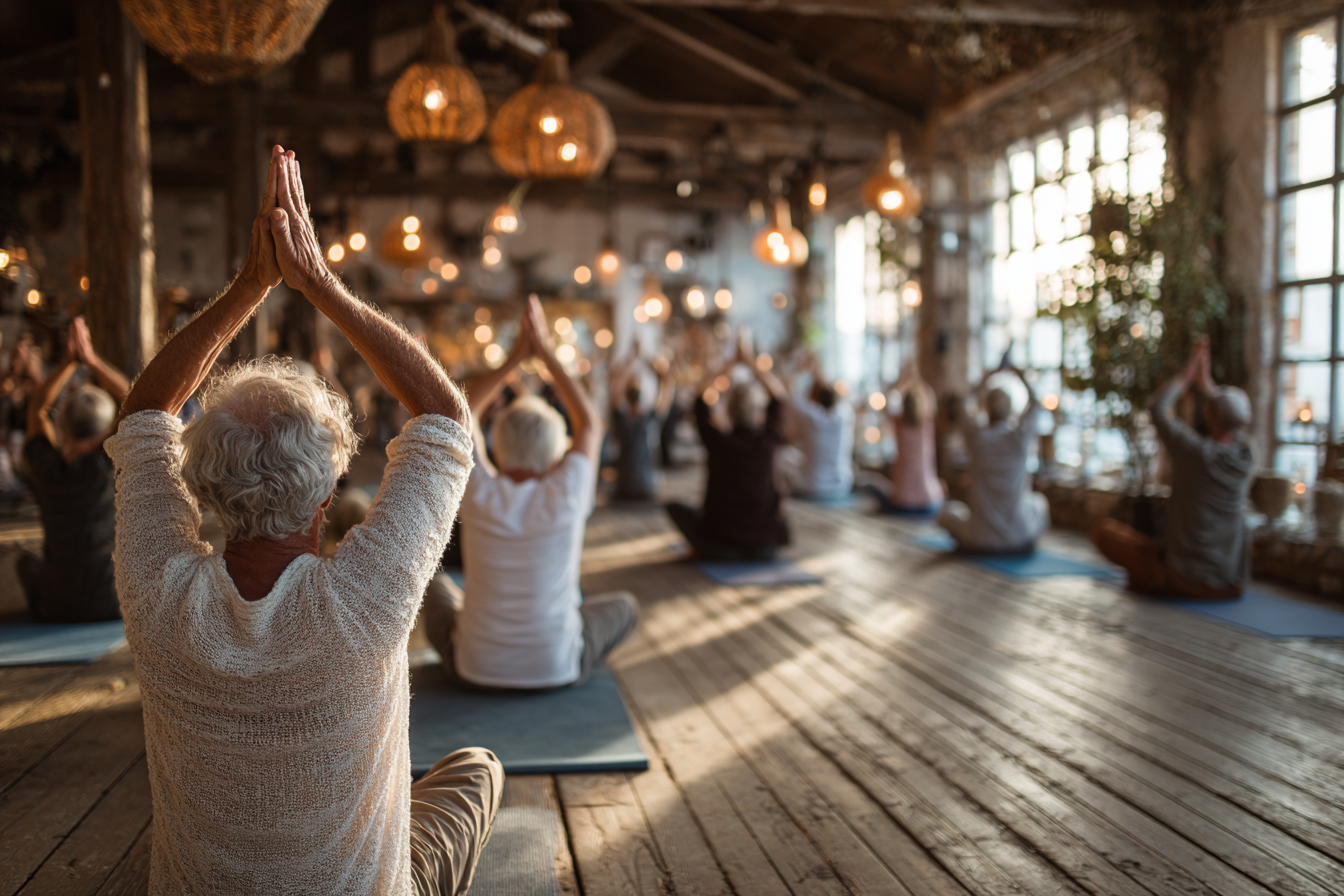 Група людей зрілого віку під час заняття йогою в затишному залі з великими вікнами